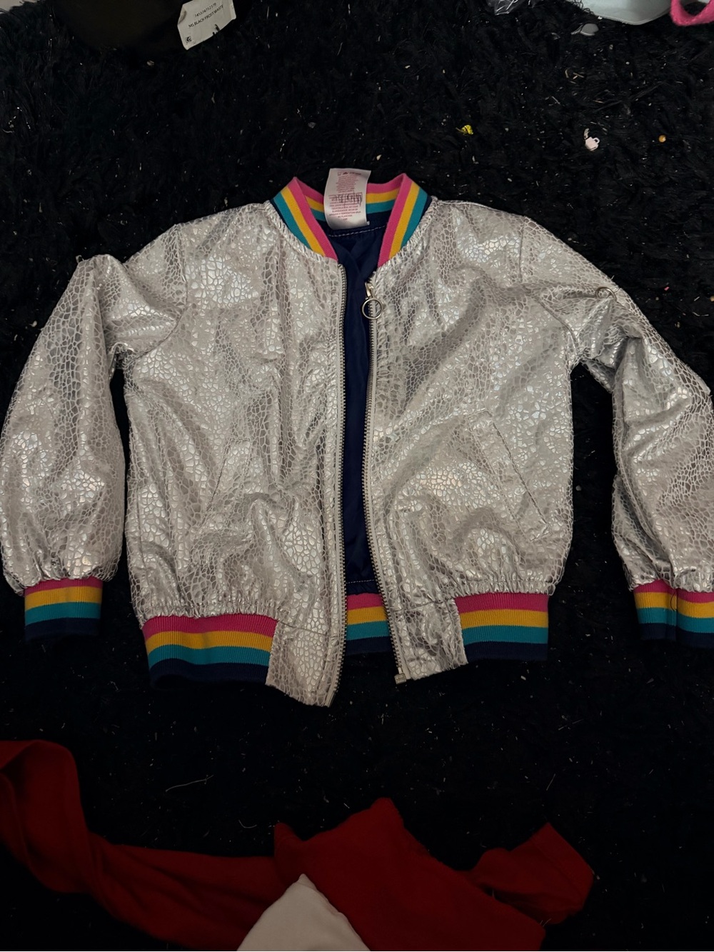 Silver Metallic Bomber Jacket with Rainbow Trim - Kids
